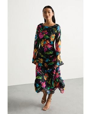 Warehouse Petite Burnout Floral Chiffon Slash Neck Bias Midi Dress - White