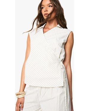 Boohoo Stripe Collared Wrap Shirt - White