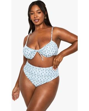 Boohoo Plus Gingham Floral High Waist Tie Side Bikini Bottom - Blue