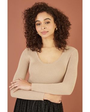 Yumi' Metallic Knitted Ribbed Top Viscose - Brown