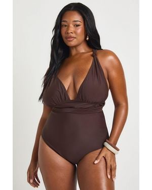 Boohoo Plus Strap Knot Detail Swimsuit - Brown