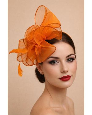 SVNX Rose Bouquet With Big Bow & Feather Fascinator - Orange