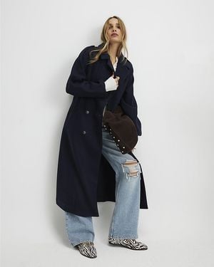 River Island Trench Coat Double Breasted Belted - Blue