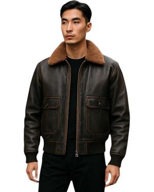 Infinity Leather Bomber Sheepskin Collar G-1 Pilot Jacket - Black