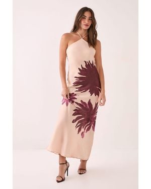 Nasty Gal Satin Floral Placement Halterneck Maxi Dress - Pink