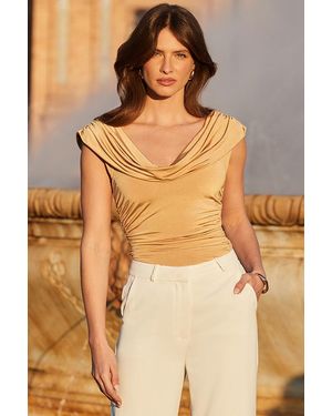 Sosandar Ruched Cowl Neck Top Denim - Natural