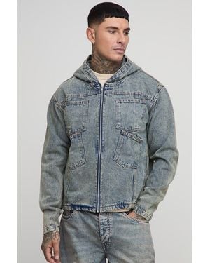 BoohooMAN Tall Boxy Oversized Fit Tinted Denim Hoodie - Blue