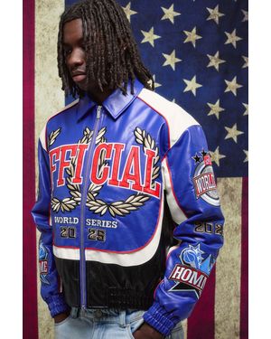 BoohooMAN Boxy Fit Homme Applique Pu Collared Bomber Jacket - Blue