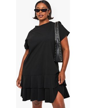 Boohoo Plus Short Sleeve Frill Hem T Shirt Dress - Black