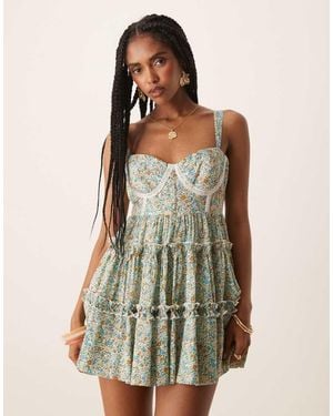 LACE & BEADS Trim Corset Ruffle Mini Dress - Green