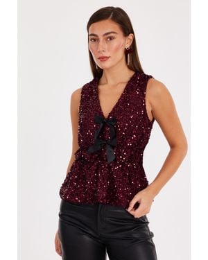 Quiz Burgundy Sequin Peplum Top - Red