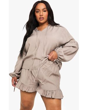Boohoo Plus Linen Look Tie Front Blouse - Grey