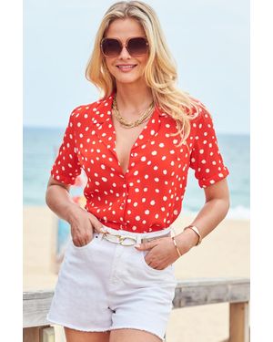 Sosandar Spot Print Short Sleeve Relaxed Fit Shirt Denim - White