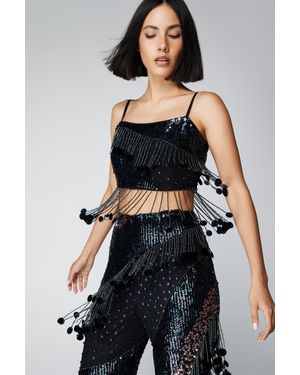 Nasty Gal Disc Sequin Tassel Beaded Crop Top - Black