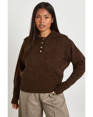 Boohoo Plus Knitted Henley Collared Jumper - Brown