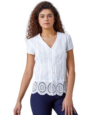 Roman Cotton Embroidered Crinkle Blouse - White