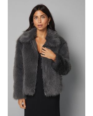 Wallis Zip Through Short Fur Coat - Grey