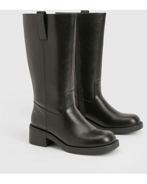 Boohoo Pull On Column Calf Biker Boot - Black