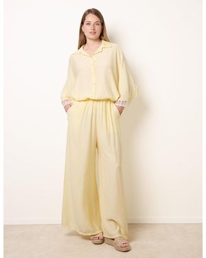 Blue Vanilla Crinkle Viscose Wide Leg Trousers - Natural