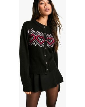 Boohoo Heart Fairisle Button Cardigan - Black