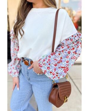 Azura Exchange Bloemenmouw Crew Neck Top Voor Casual Stijl - Blauw
