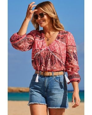 Sosandar Scarf Print Blouson Sleeve Tassel Detail Blouse - Red