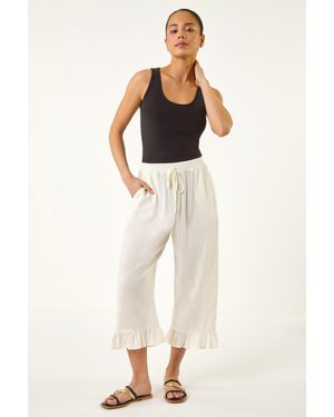 Roman Petite Cotton Cropped Frill Hem Trouser - Natural