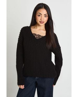 Boohoo Lace Insert V Neck Rib Knit Jumper - Black