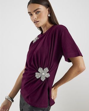 River Island T-Shirt Short Sleeve Diamante Flower Cotton - Purple
