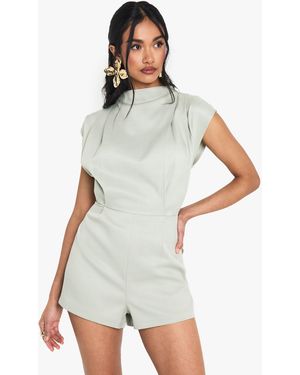 Boohoo Tailored High Neck Cap Sleeve Playsuit - White