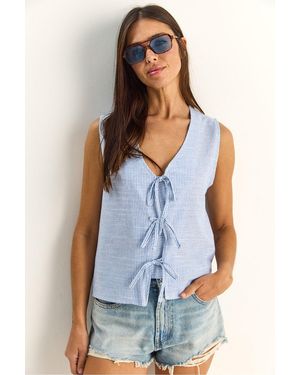 Bianco Lucci Striped V-Neck Blouse With Tie Detail - Blue