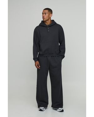 BoohooMAN Oversized Boxy Henley Hoodie And Wide Leg Jogger - Blue