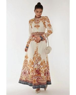 Hiccup Printed A-Form Maxi Dress With Belt - Orange