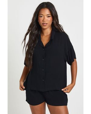 Boohoo Essentials Oversized Linen Look Short Sleeve Shirt - Blue