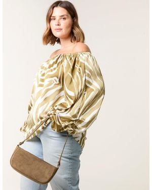 Blue Vanilla Curve Zebra Satin Ruched Bardot Top - Natural
