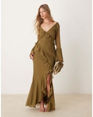 ASOS V Neck Long Sleeve Ruffle Maxi Dress With Cut Out Back - Natural