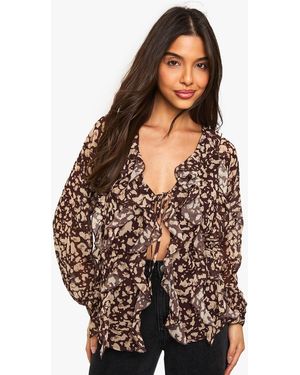 Boohoo Abstract Print Chiffon Ruffle Blouse - Black