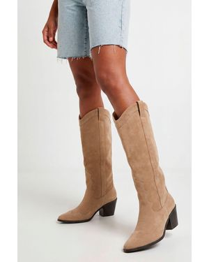 Boohoo Wide Fit Knee High Heeled Faux Suede Western Cowboy Boots - Blue