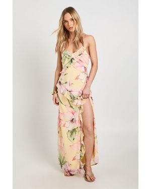 Boohoo Petite Floral Crinkle Chiffon Ruffle Maxi Dress - Yellow