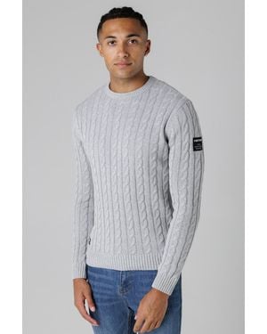 Firetrap Regular Fit Cotton Rich Cable Knit Crew Neck Jumper - Grey