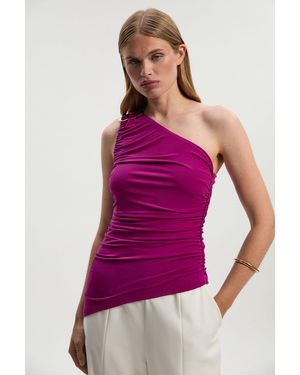 Karen Millen One Shoulder Drapey Crepe Trim Detail Ruched Top - Purple