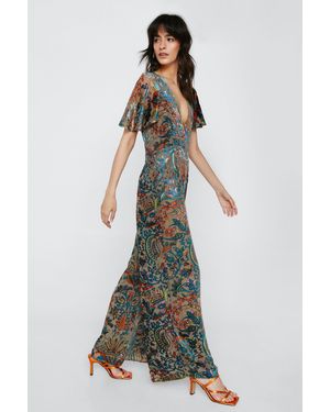 Nasty Gal Paisley Devore Angel Sleeve Jumpsuit - White