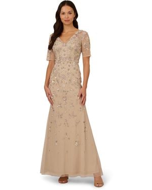 Adrianna Papell Beaded Mesh Long Dress - Natural