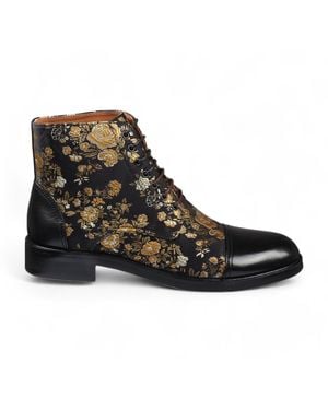 Justin Reess Floral Print Leather Oxford Ankle Boots - Black