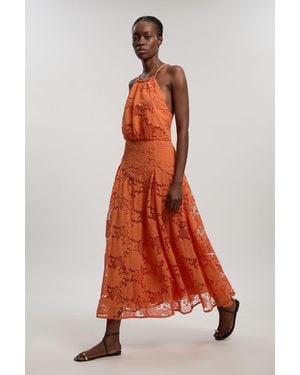 Karen Millen Lace Halter Woven Midi Dress - Orange