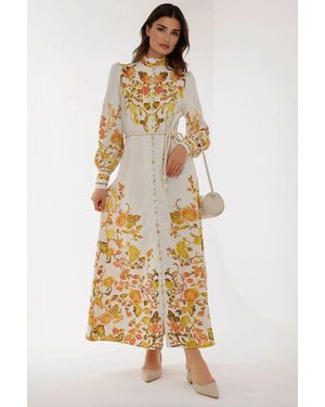 Hiccup Printed Long Sleeve Maxi Dress With Belt - Metallic