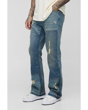 BoohooMAN Tall Slim Rigid Flared Distressed Carpenter Jeans - Blue