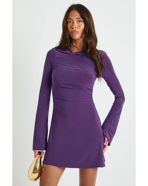 Boohoo Knot Detail Ruched Waist Mini Dress - Purple