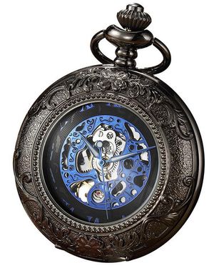 Infinity Leather Vinatage Mechanical Alloy Skeleton Half Hunter Pocket Watch - Black