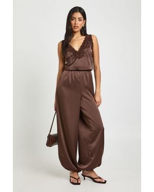 Boohoo Satin Lace Trim Hareem Trouser Jumpsuit - Brown